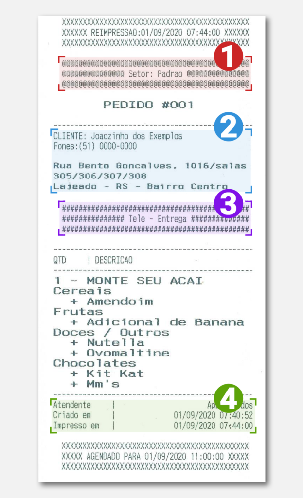 Comanda de produção para delivery com identificação dos blocos de conteúdo